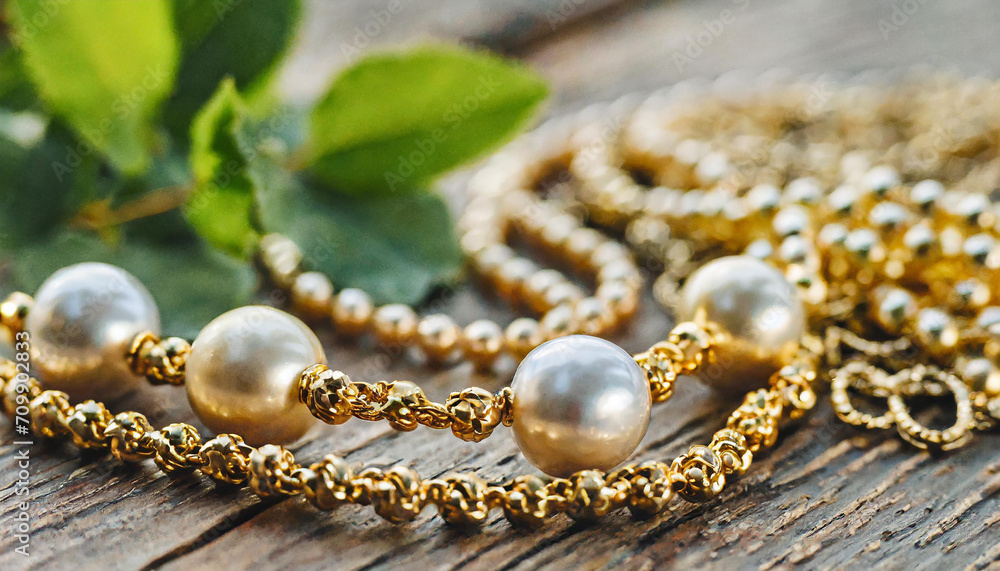 Naklejka premium Trendy jewelry with chains and pearl necklace. Stylish golden bijouterie. Fashion accessories.