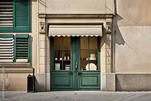 retro european boutique facade , blue painted door , vintage storefront © eric