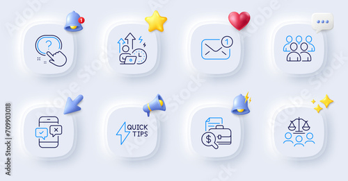 Quickstart guide, Accounting report and Difficult stress line icons. Buttons with 3d bell, chat speech, cursor. Pack of Court jury, Group, New message icon. Vector
