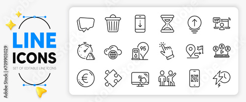 Cursor, Strategy and Speech bubble line icons set for app include Journey, Trash bin, Cloud computing outline thin icon. Euro money, Teamwork, Attention pictogram icon. Charging time. Vector