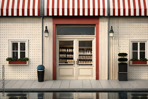 cute vintage european village storefront facade , tiny boutique vitrine and striped awning