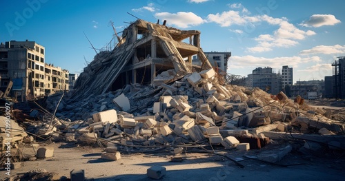 A Demolished Building Debris in the Urban Landscape photo