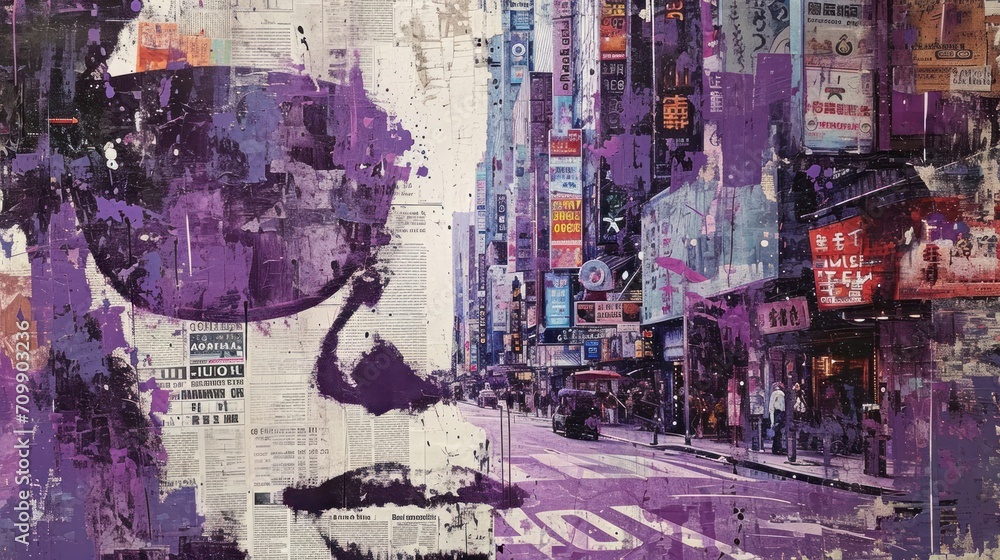 Fototapeta premium Generative AI, vintage grunge purple collage poster with asian cityscape. Different textures and shapes