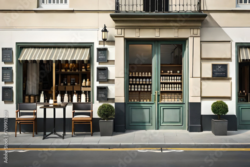 retro european boutique facade , blue painted door , vintage storefront