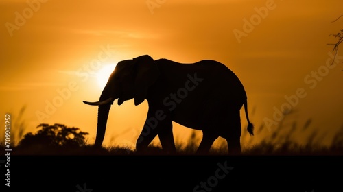 Silhouette of elephant on sunset sky.