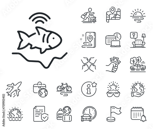 Echo fish sounder sign. Plane jet, travel map and baggage claim outline icons. Fishfinder line icon. Fishing sonar symbol. Fishfinder line sign. Car rental, taxi transport icon. Place location. Vector photo