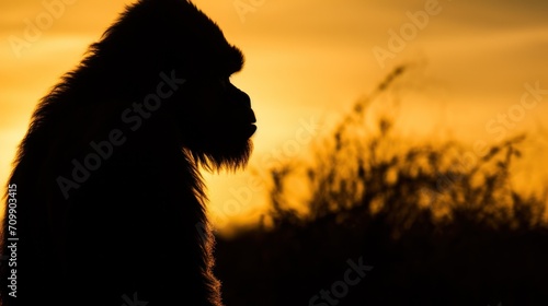 Silhouette of gorilla on sunset sky.