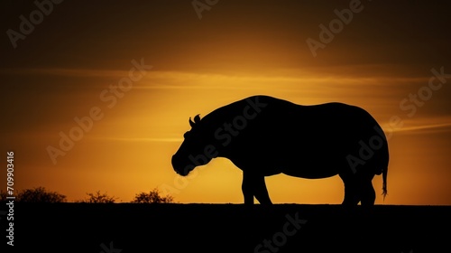 Silhouette of hippopotamus on sunset sky. © vlntn