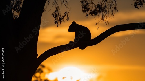 Silhouette of koala on sunset sky.