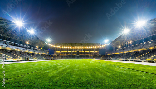 universal grass stadium illuminated by spotlights and empty green grass playground, grand sport building