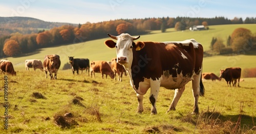 Cows on autumn pasture. Country scenery on late autumn season