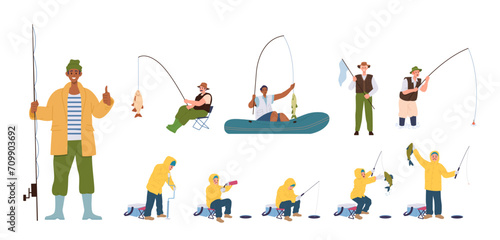 Fisherman cartoon characters set enjoying seasonal hobby activity, summer and winter fishing photo