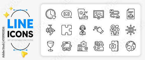 Phone photo, Messenger and Sunscreen line icons set for app include Glass, Bus, International globe outline thin icon. Filling station, Drag drop, Dating pictogram icon. Money change. Vector