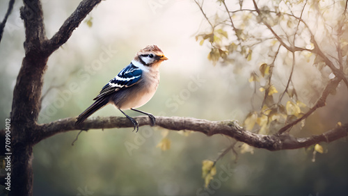  A bird sits on a branch with a blurred background