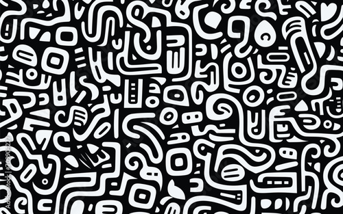  geometric pattern with black and white swirls, doodle characters in black and white minimalist strokes, web-based art, printmaking