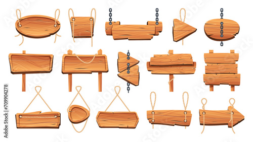 Cartoon wooden signboards. Empty old-fashioned planks and direction signs, rural wooden frames, old-fashioned board banner. Vector isolated set of empty signboard wooden illustration