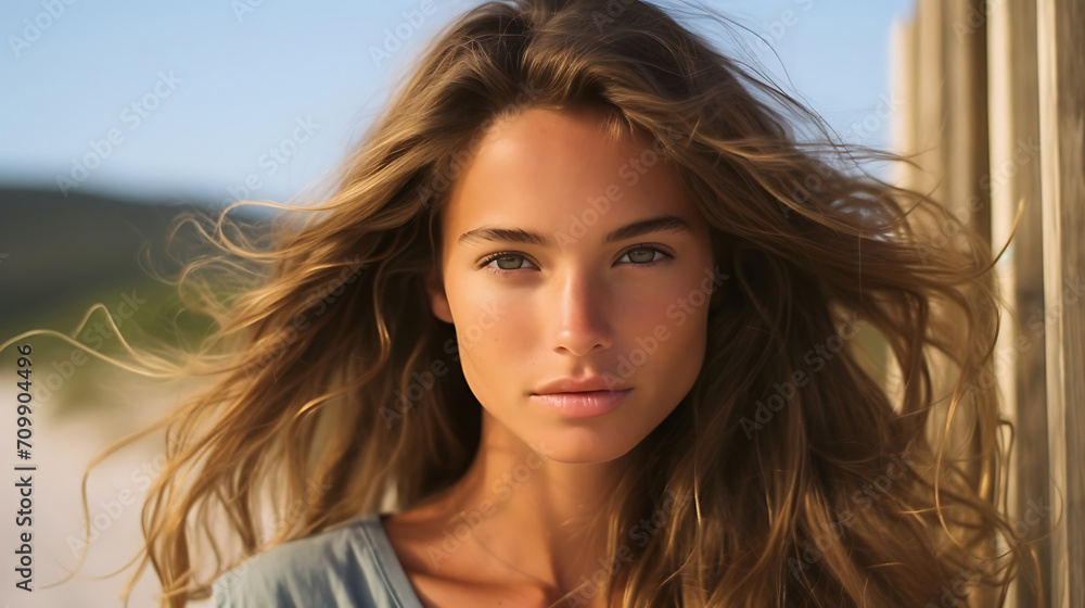 Portrait of young beautiful woman with long hair on the beach.
