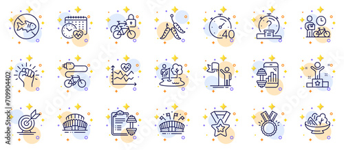 Outline set of Empower, Timer and Leadership line icons for web app. Include Bike courier, Winner ribbon, Cardio calendar pictogram icons. Winner, Target goal, Quiz signs. Salad. Vector