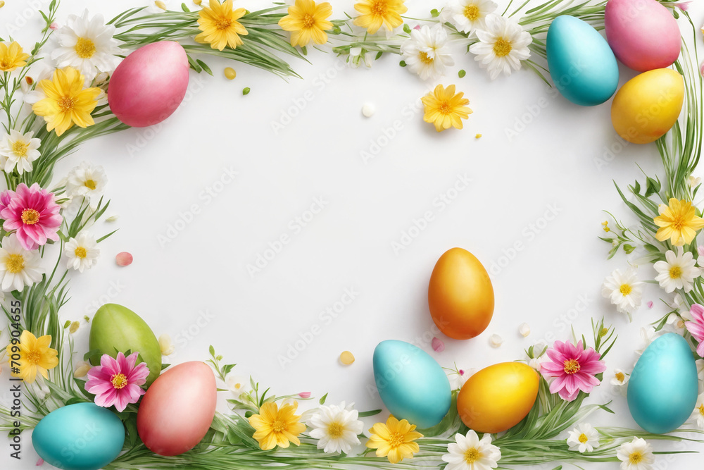 Spring Easter holiday. Background with eggs and spring flowers. Greeting card background with copy space. Generative Ai