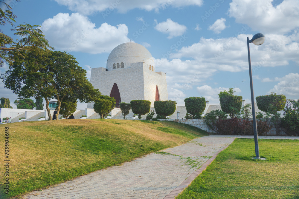mausoleum of Quaid-e-Azam in bright sunny day, also known as mazar-e-quaid, famous landmark of Karachi Pakistan and tourist attraction of Pakistan.