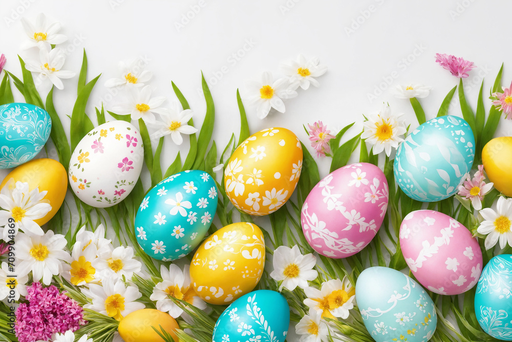 Fototapeta premium Spring Easter holiday. Background with eggs and spring flowers. Greeting card background with copy space. Generative Ai
