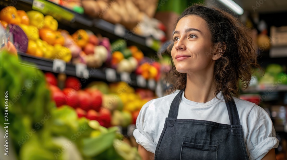 Cute brown-eyed grocery worker or manager standing among vegetables shelves smiling and looking up