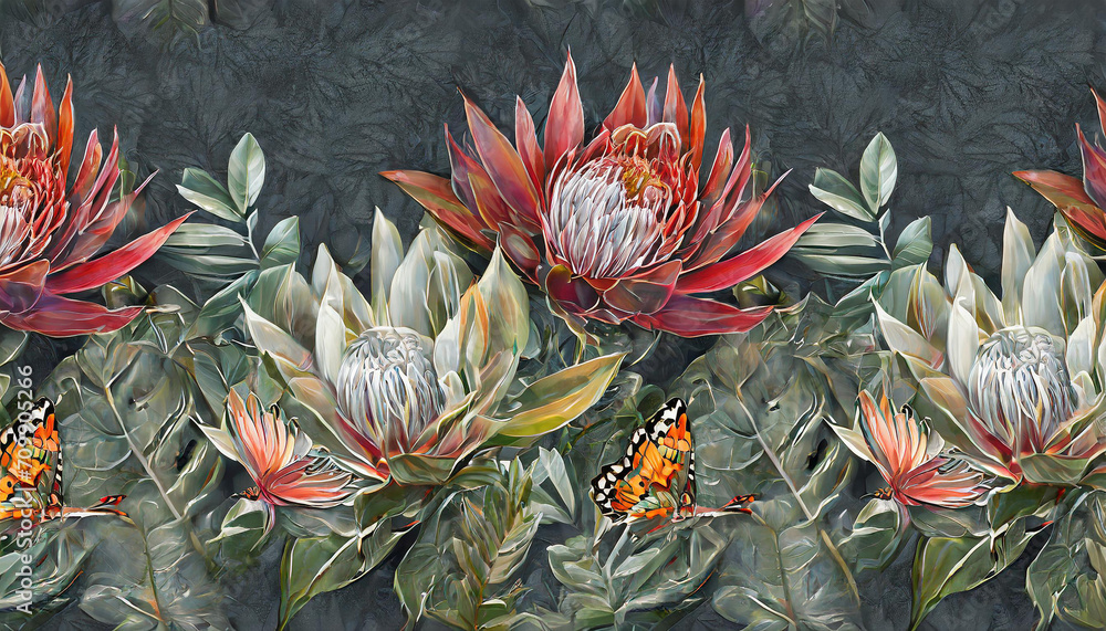 Obraz premium Vintage dark tropical background with protea, hibiscus flowers, leaves, hummingbirds, butterflies. Seamless border. premium wallpaper. Hand drawn, 3d illustration. Luxury mural for paper, packaging