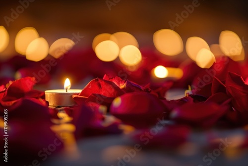 Red Rose petals on a bed with candles in the background - close up - valentines day photo