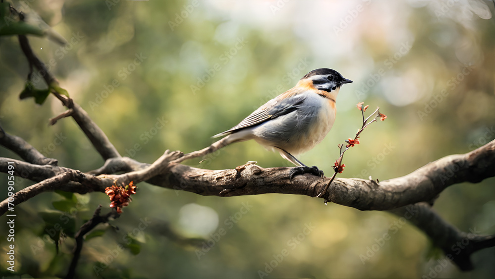 A bird sits on a branch with a blurred background A bird sits on a branch with a blurred background
