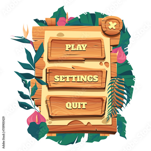 Game wooden menu. Old wooden frame buttons, cartoon tribal signboard UI elements, rural banner for game user interface. Vector isolated illustration of button game message ui