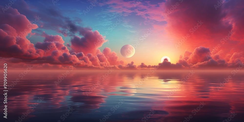 sunset over the river, colored nature background, Generative AI