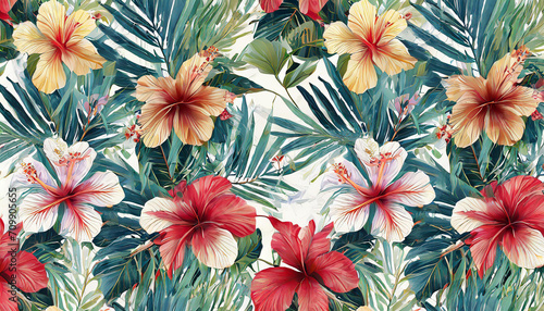 Vintage floral seamless pattern. Tropical wallpaper with hibiscus flowers, palm leaves, butterflies. Luxury botanical background. Hand drawn, 3d illustration. Premium design for wallpaper, fabric