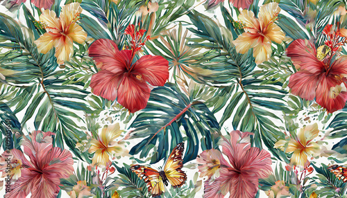 Vintage floral seamless pattern. Tropical wallpaper with hibiscus flowers, palm leaves, butterflies. Luxury botanical background. Hand drawn, 3d illustration. Premium design for wallpaper, fabric