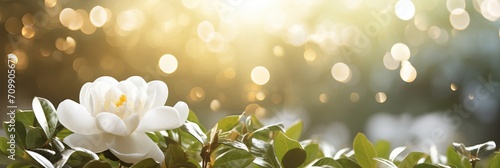 Enchanting white gardenia flower on magical bokeh background with spacious text placement area photo