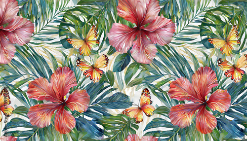 Vintage floral seamless pattern. Tropical wallpaper with hibiscus flowers, palm leaves, butterflies. Luxury botanical background. Hand drawn, 3d illustration. Premium design for wallpaper, fabric
