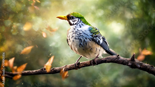  A bird sits on a branch with a blurred background