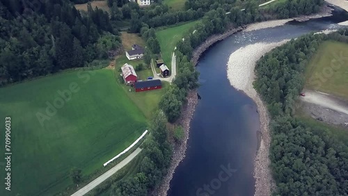 Drone footage over river in nature with beautiful landscape.  Rognes, Norway photo