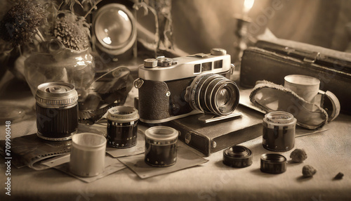 Vintage still life with retro cameras. Sepia tones, timeless details. Arrangement of vintage cameras and film rolls. Retro nostalgia, capturing the essence of photography_s history.