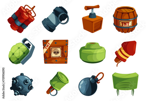 Bombs game ui icons. Cartoon dynamite, grenade, tnt and firecracker icons, explosive weapons for mobile app interface design. Vector isolated set of weapon dynamite effect illustration photo