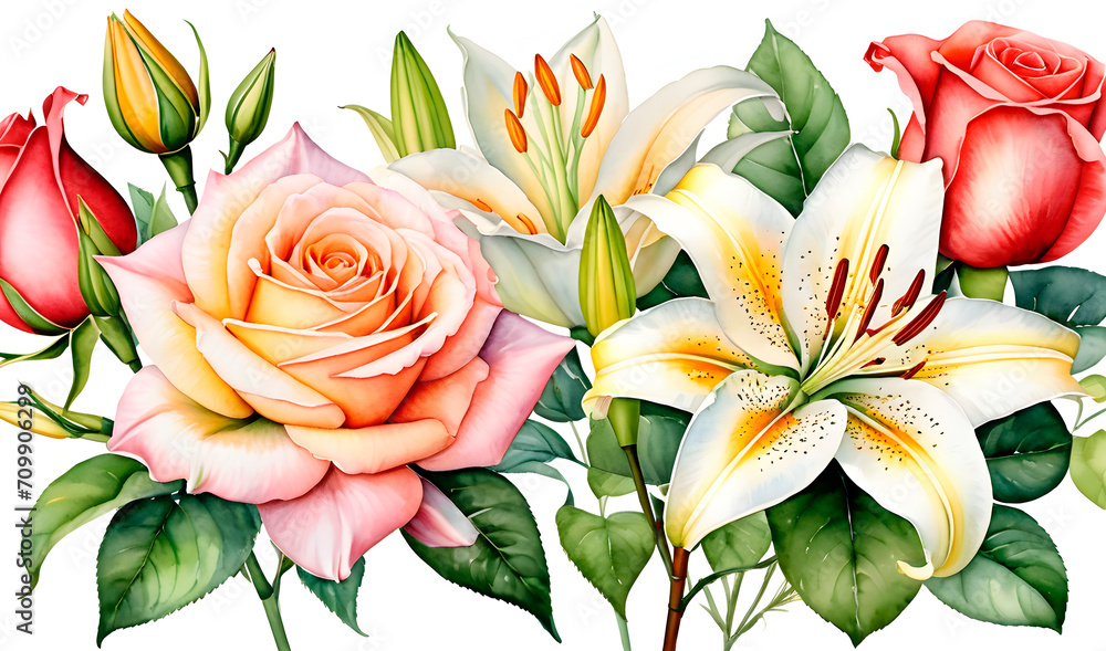 Watercolor painting, card with flowers, roses and lilies. on transparent background Digital illustration created with Generative AI