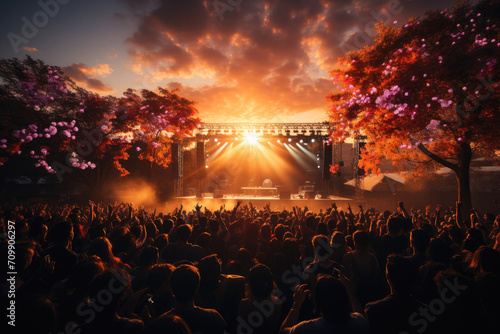 The crowd raises their hands and enjoys a great festival party or open air concert. Silhouettes of people in neon light.
