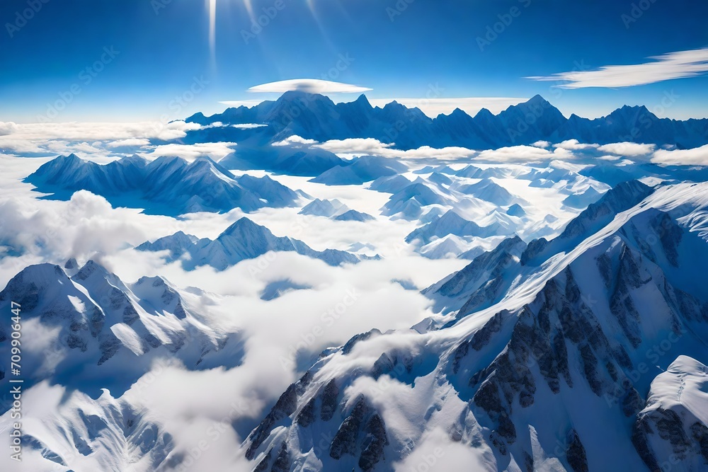 Fototapeta premium Envision the serenity of the heavens as you visualize an aerial perspective of towering mountains and billowing clouds seen through an airplane window.