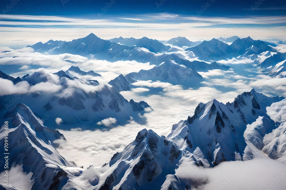 Fototapeta premium Envision the serenity of the heavens as you visualize an aerial perspective of towering mountains and billowing clouds seen through an airplane window.