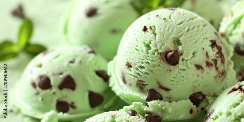 Fototapeta premium ice cream scoop, green pistachio ice cream with chocolate chips 