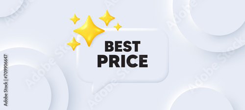 Best Price tag. Neumorphic background with chat speech bubble. Special offer Sale sign. Advertising Discounts symbol. Best price speech message. Banner with 3d stars. Vector