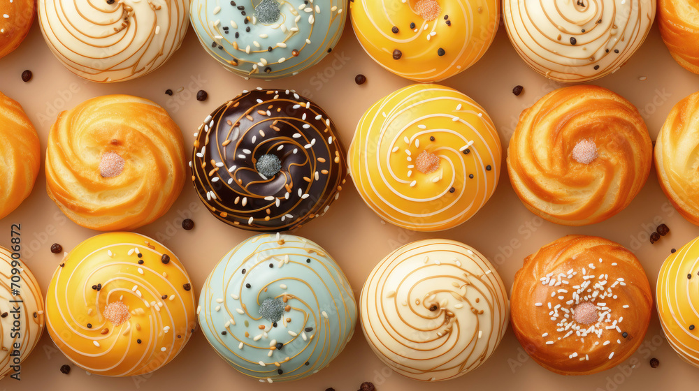 Fototapeta premium Pastry pattern, sugar balls pastry puffs top view.