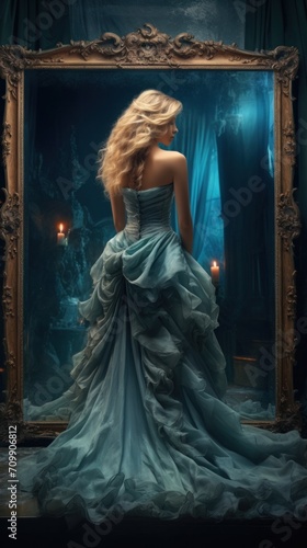A woman in a blue dress standing in front of a mirror
