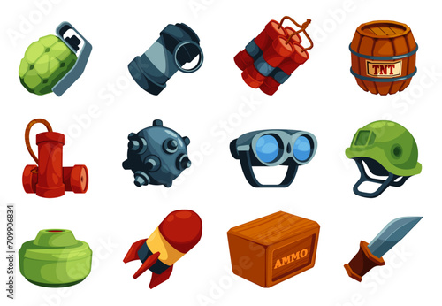 Military game icons. Cartoon weapon icons, army explosive with incendiary, war weapon and ammunition for mobile game interface. Vector set of defense helmet element, military special illustration