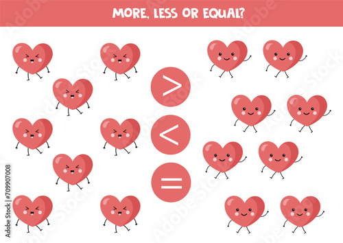 Grater, less or equal with cartoon cute kawaii pink hearts.