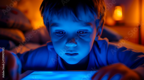 Child looking at a tablet screen with blue glow, nighttime screentime concept.
 photo